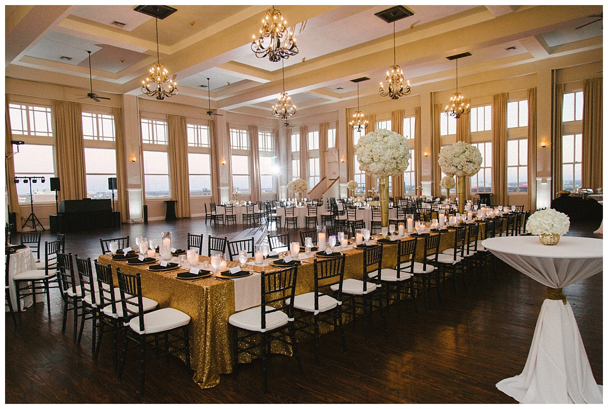 Traditional white, gold, and black Dallas Wedding Royal Lane Baptist Church Room on Main Wedding Flowers