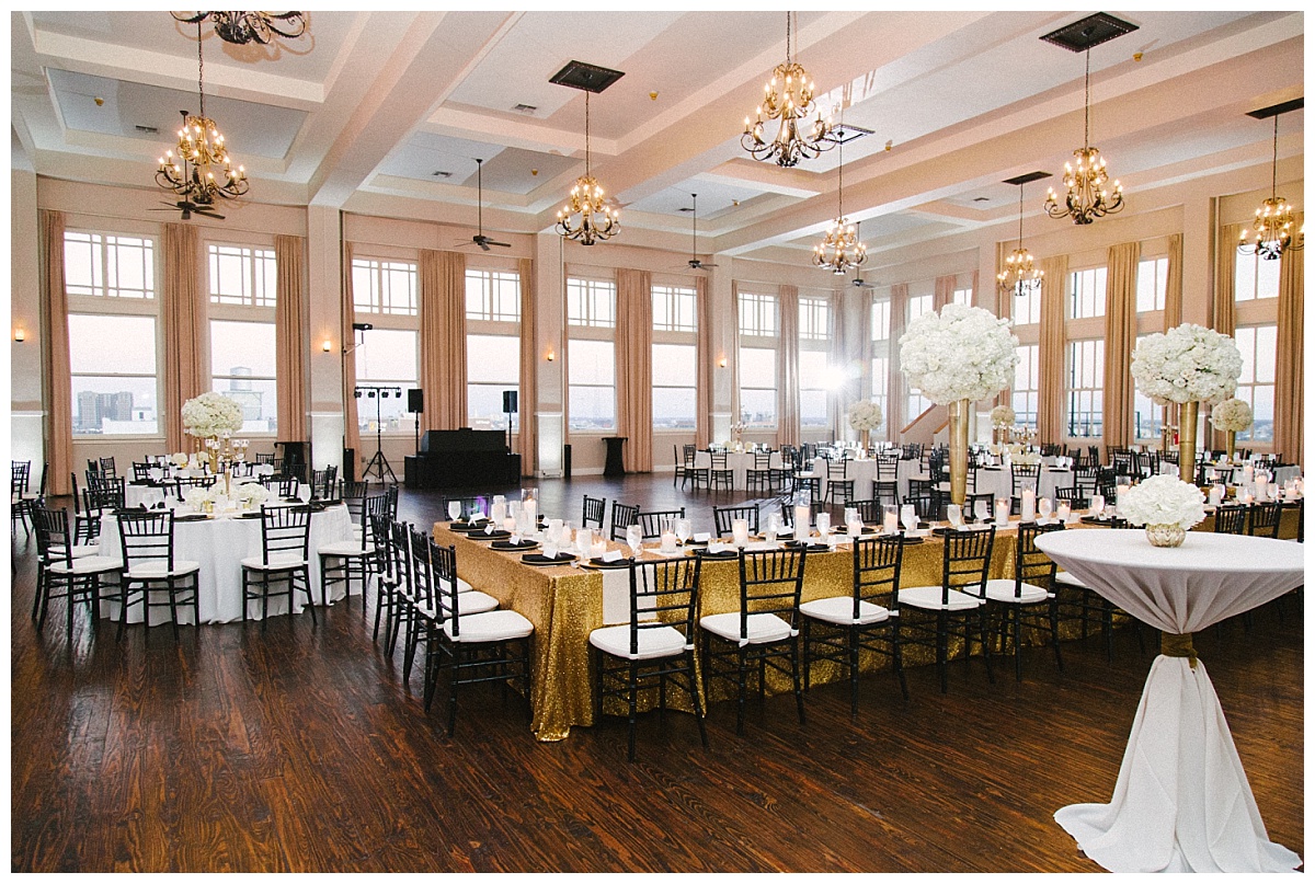 Traditional white, gold, and black Dallas Wedding Royal Lane Baptist Church Room on Main Wedding Flowers