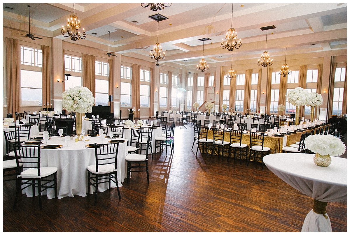 Traditional white, gold, and black Dallas Wedding Royal Lane Baptist Church Room on Main Wedding Flowers