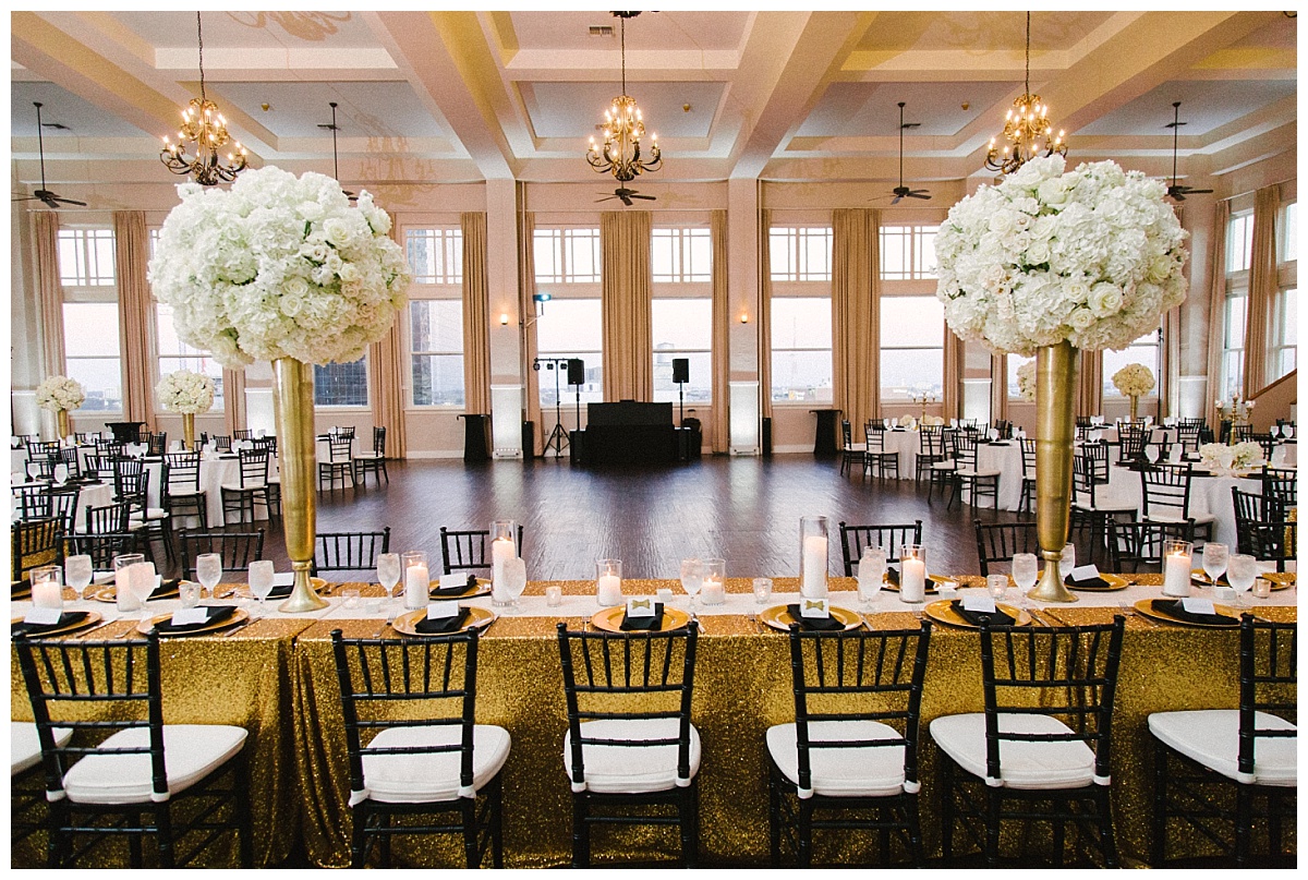 Traditional white, gold, and black Dallas Wedding Royal Lane Baptist Church Room on Main Wedding Flowers