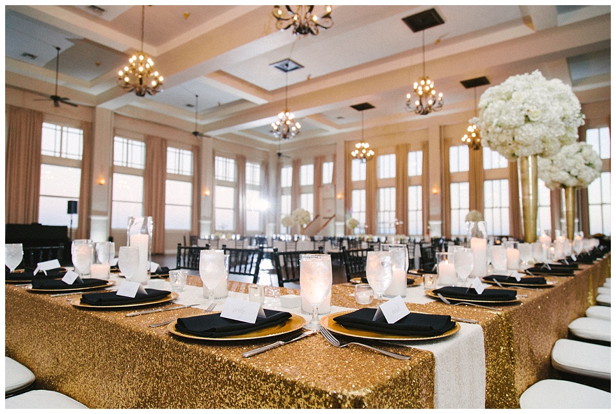 Traditional white, gold, and black Dallas Wedding Royal Lane Baptist Church Room on Main Wedding Flowers