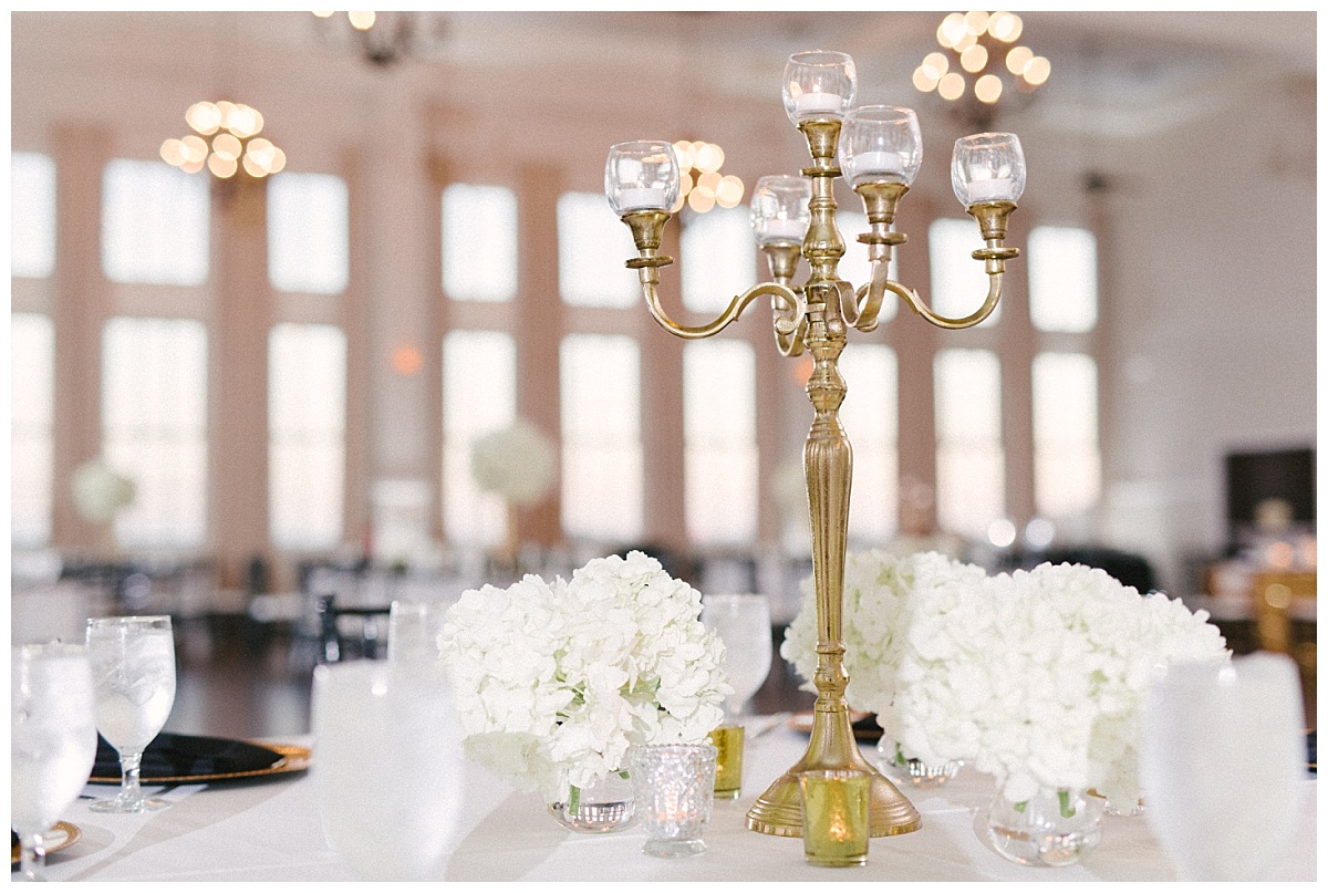 Traditional white, gold, and black Dallas Wedding Royal Lane Baptist Church Room on Main Wedding Flowers