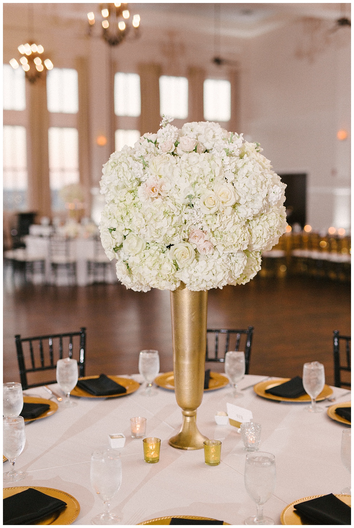 Traditional white, gold, and black Dallas Wedding Royal Lane Baptist Church Room on Main Wedding Flowers