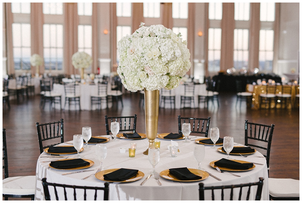 Traditional white, gold, and black Dallas Wedding Royal Lane Baptist Church Room on Main Wedding Flowers