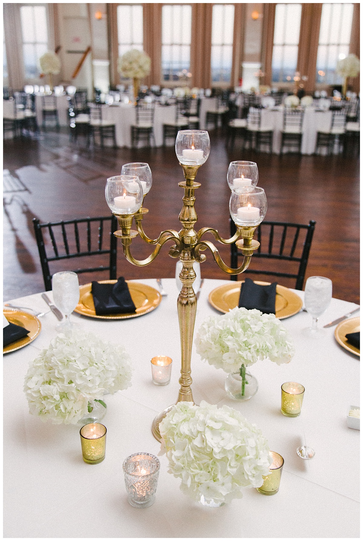 Traditional white, gold, and black Dallas Wedding Royal Lane Baptist Church Room on Main Wedding Flowers