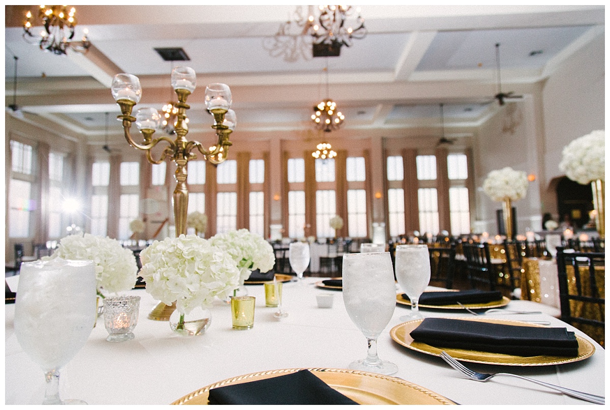 Traditional white, gold, and black Dallas Wedding Royal Lane Baptist Church Room on Main Wedding Flowers