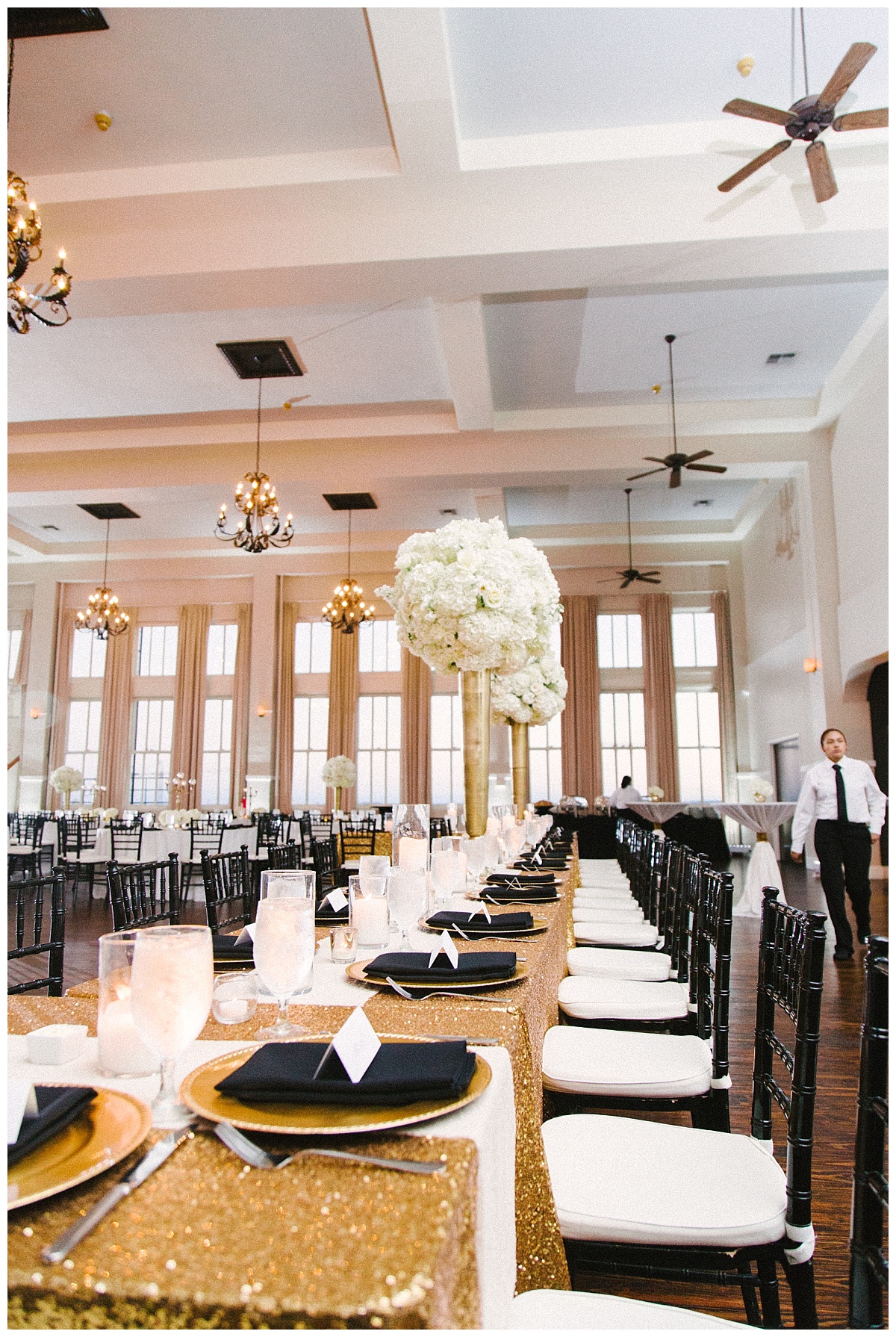 Traditional white, gold, and black Dallas Wedding Royal Lane Baptist Church Room on Main Wedding Flowers