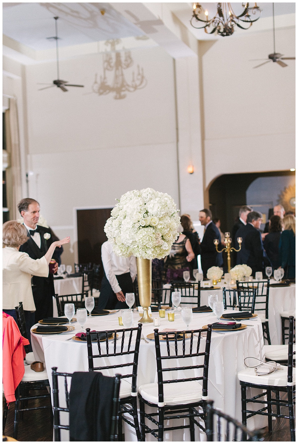 Traditional white, gold, and black Dallas Wedding Royal Lane Baptist Church Room on Main Wedding Flowers