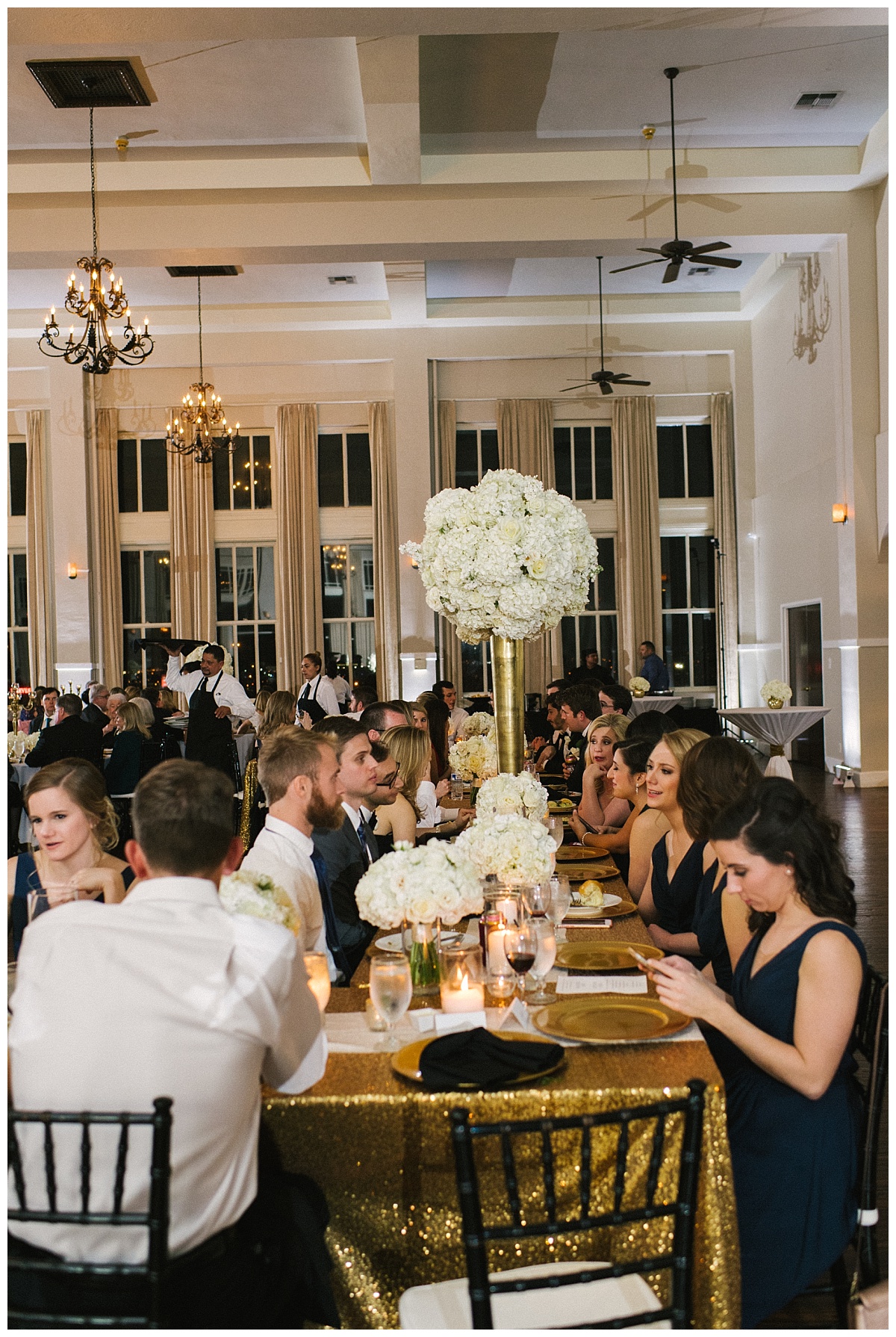 Traditional white, gold, and black Dallas Wedding Royal Lane Baptist Church Room on Main Wedding Flowers